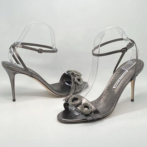 Manolo Blahnik Alvisa Crystal-Embellished Metallic Leather Sandals size 40 - Picture 8 of 13